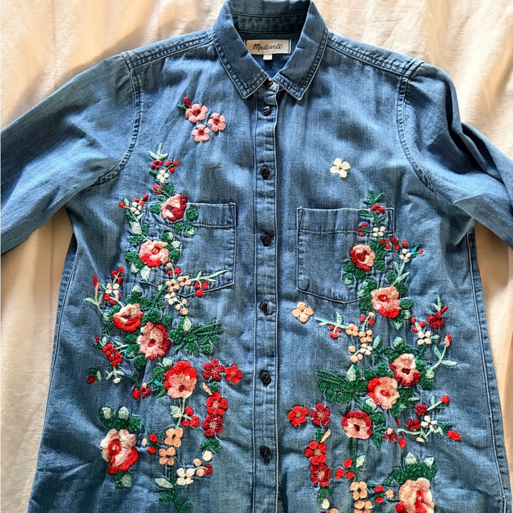 Madewell Blue Denim Button Down Shirt with Floral Embroidery